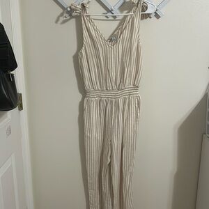 Tan and white striped jumpsuit romper